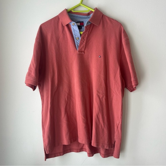 Tommy Hilfiger Salmon Pink Red Polo Shirt Men’s L Y2K Preppy Classic 100% Cotton - Picture 1 of 8